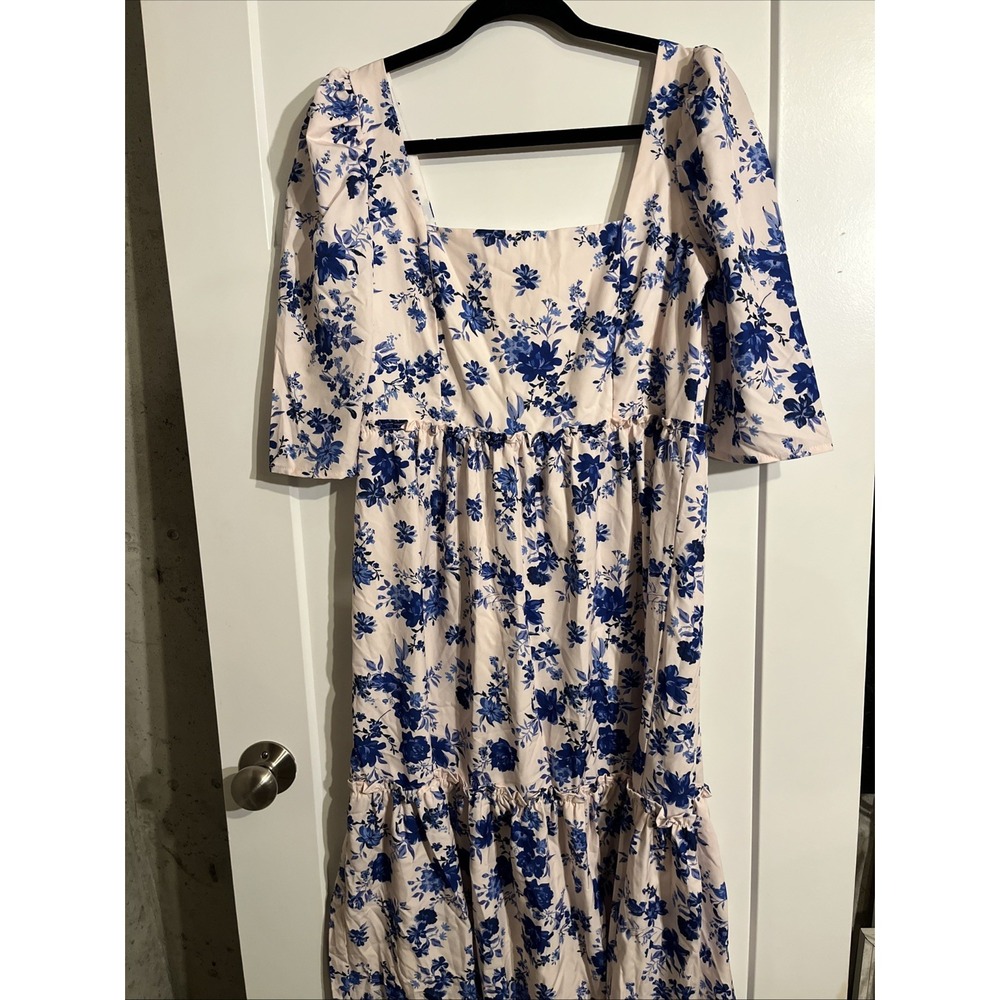 SHEIN smocked square neck Short sleeve Maxi Dress Blue Floral Size Large